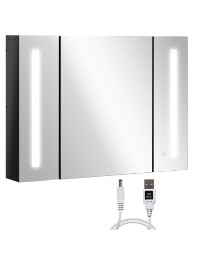  Armadietto con Specchio da Bagno a Parete in MDF con 3 Armadietti, 3 Ripiani e Luce LED, 90x15x65 cm, Nero