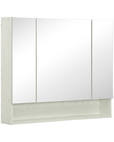  Armadietto con Specchio a 4 Sezioni con Ripiani Regolabili, Specchiera Bagno in Legno e Vetro, 90x15x75 cm, Bianco