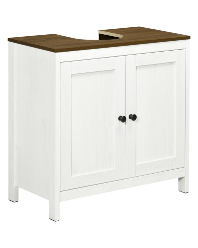 Wooden Bathroom Under Sink Cabinet with Adjustable Inner Shelf, 60x30x60 cm, White and Walnut Color