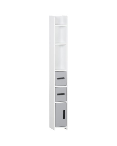 Bathroom Column with Shelves and Cabinets, Tall Space-Saving Wooden Unit 15x17x120cm, White and Gray