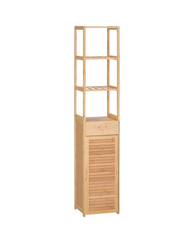 Tall Bamboo Bathroom Cabinet with 3 Open Shelves, Drawer, and Cupboard, 32x30x163 cm, Wood Color