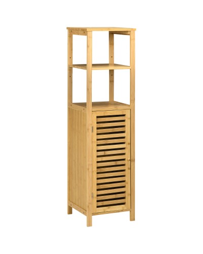  Armadietto Bagno in Bambù con 2 Ripiani Aperti e Armadietto a 2 Livelli, 32.9x29.9x120 cm