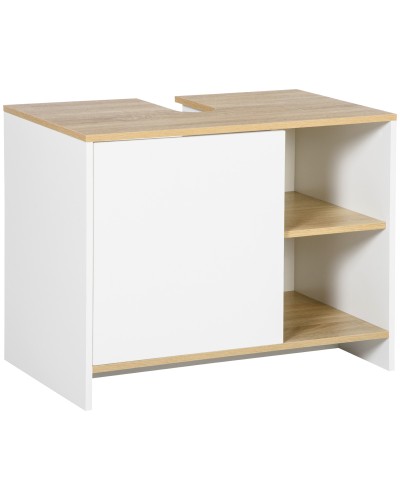 Under Sink Bathroom Cabinet with Cupboard and 2 Wooden Shelves, 77x45x60 cm, White and Wood