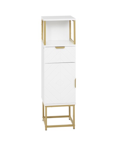 Mobile Bathroom Column with Drawer, Cabinet & Wood/Metal Shelf, 30x30x105cm, White