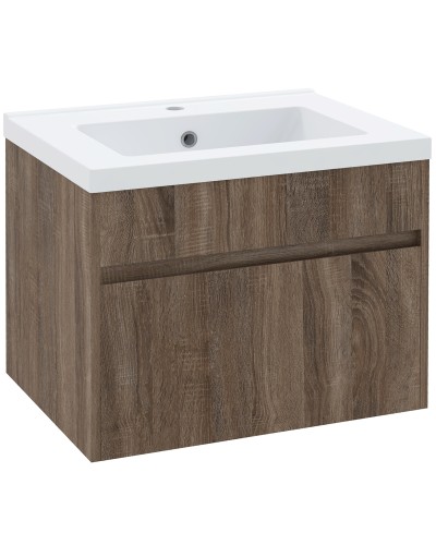  Mobile Lavabo da 60cm con Cassetto in Legno e Lavandino in Ceramica, Marrone Chiaro