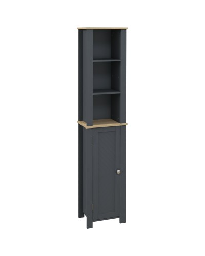 Space-Saving Bathroom Column with Cabinet and 3 Open Wooden Shelves, 34x23x165cm, Grey