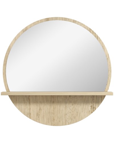 Round Bathroom Mirror in Chipboard and Glass with Storage Shelf and 2 Back Hooks, Ø45x10 cm