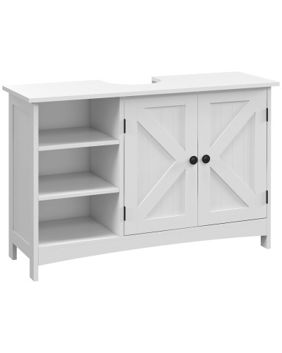 White Wooden Bathroom Under Sink Cabinet with 2 Doors and 3 Open Shelves, 90x30x60cm