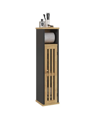 Bamboo and MDF Bathroom Cabinet with Open Shelf and Cupboard, 18x18x75 cm, Black and Wood Color