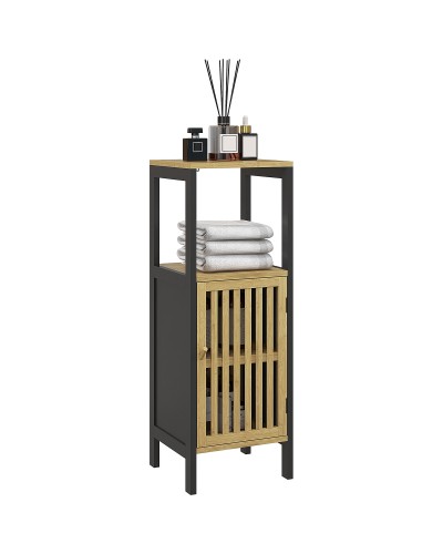 Bathroom Cabinet with Open Shelf and Cupboard, MDF and Bamboo, 32x30x90.5 cm, Black and Wood Color
