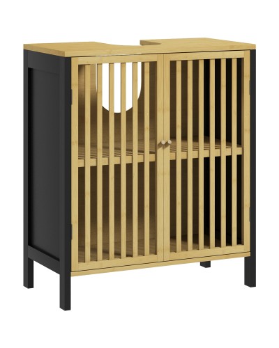  Mobile Sottolavabo Bagno con 2 Ante a Doghe in Legno di Bambù e MDF con Intaglio a U, 60x30x70cm