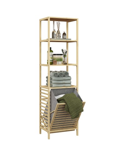 Bathroom Column with 3 Bamboo Wood Shelves and Fabric Laundry Basket, 44x33x160cm