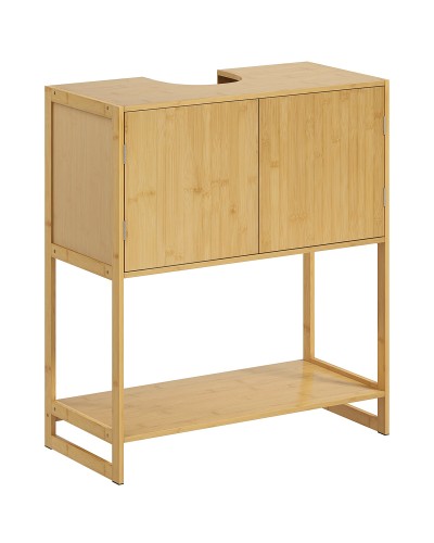  Mobile Sottolavabo Bagno con 2 Ante e Ripiano Aperto, Intaglio a U per Tubi, 70x33x79.5cm, Colore Legno