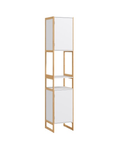 Bamboo Space-Saving Bathroom Column with Open Shelves and 2 Push-to-Open Cabinets, White