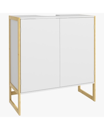  Mobile Sottolavabo Bagno con 2 Ante a Pressione in Bambù e MDF con Intaglio a U, 70x33x79.5cm, Bianco