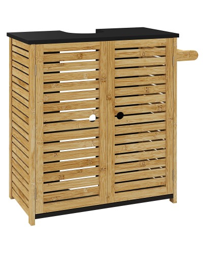 Bathroom Undersink Cabinet with 2 Slatted Doors, Towel Rail and U-Shaped Cutout, Wood and Black