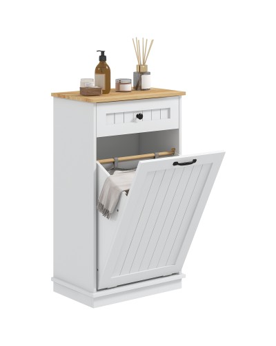White Wooden Bathroom Cabinet with Tilt-Out Fabric Laundry Hamper and Drawer
