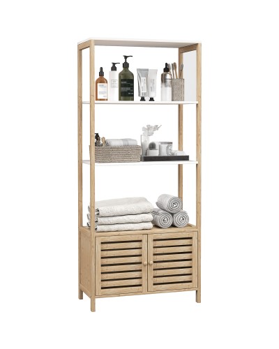 Bamboo Bathroom Cabinet with 3 Shelves and Lower Cupboard, 63x30x138 cm, Wood and White Color