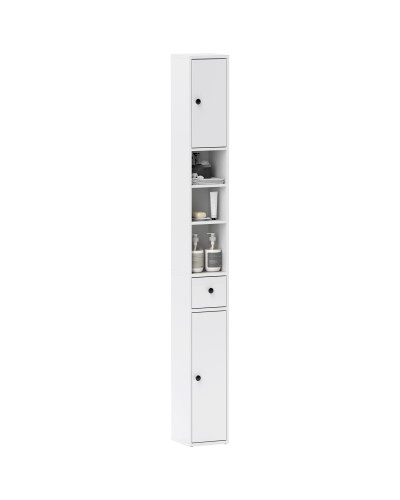  Colonna Bagno Salvaspazio con 2 Armadietti, 3 Ripiani Aperti e Cassetto, in Legno, 20x20x178 cm, Bianco