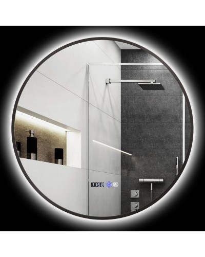 LED Bathroom Mirror with Adjustable Light, Anti-Fog, Time & Temperature Display, Ø70 cm, Black