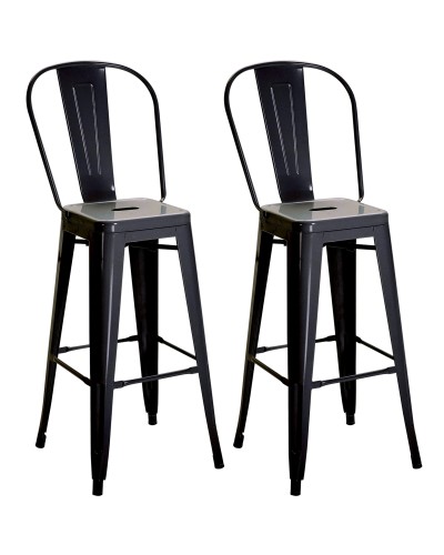  Set 2 Sgabelli da Bar Industriale con Schienale Rimovibile e Poggiapiedi, in Metallo, 44x49x116 cm, Nero