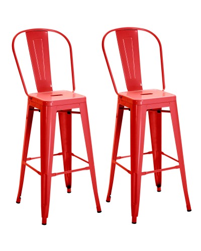  Set 2 Sgabelli da Bar Industriale con Schienale Rimovibile e Poggiapiedi, in Metallo, 44x49x116 cm, Rosso