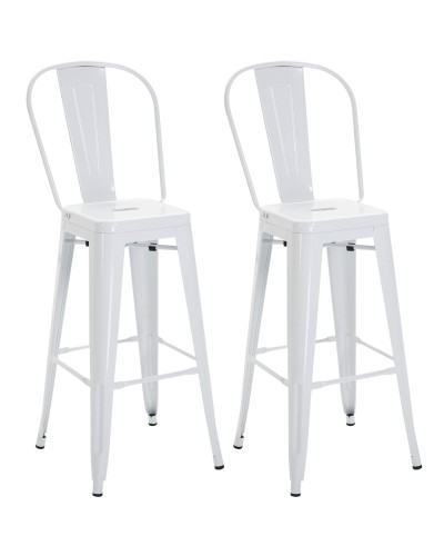 Set 2 Sgabelli da Bar Impilabili in Metallo con Schienale Rimovibile e Poggiapiedi, Bianco