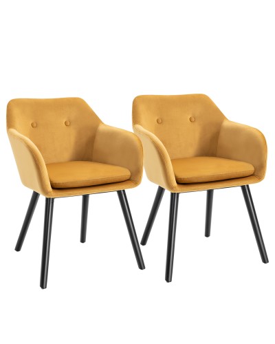 Set of 2 Velvet Upholstered Dining Chairs with Armrests, 54x56x74cm, Yellow