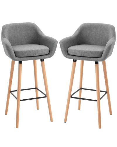 Set of 2 Tall Bar Stools with Backrest and Footrest, Vintage Fabric Kitchen Stools with Cushion and Wooden Legs