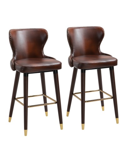  Set 2 Sgabelli da Bar Alti in Stile Industriale con Schienale e Poggiapiedi, Seduta in Finta pelle e Gambe in Legno, Sgabelli V