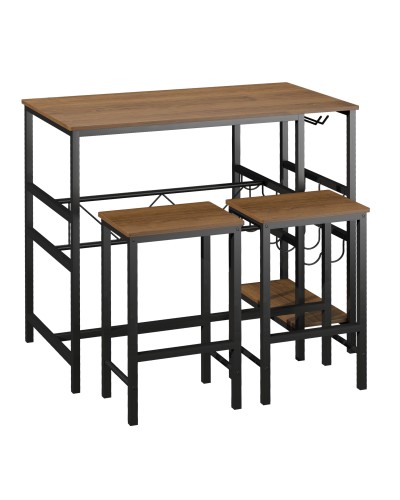 Industrial Style Wooden Bar Table Set with 2 High Stools, Kitchen Island with Bottle and Glass Holder
