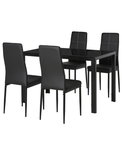 5 Piece Dining Set: Faux Leather, Metal and Tempered Glass Table with 4 Chairs - Black