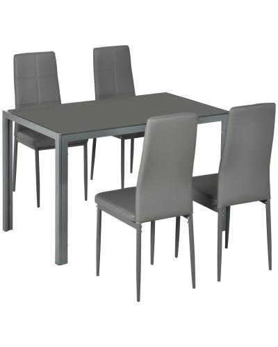 5-Piece Dining Set with 1 Dining Table and 4 Modern Faux Leather Chairs, Metal and Tempered Glass, Grey