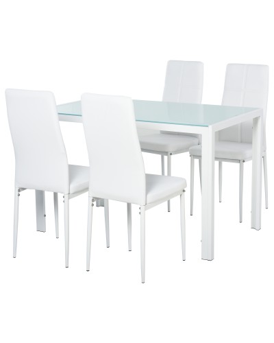5 Piece Faux Leather Dining Set with Tempered Glass Table, White