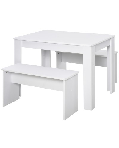 3 Piece Table Set with 2 Benches for Kitchen, Bar or Modern Dining Room, White Wood, 2 Seater, 110x70x75cm