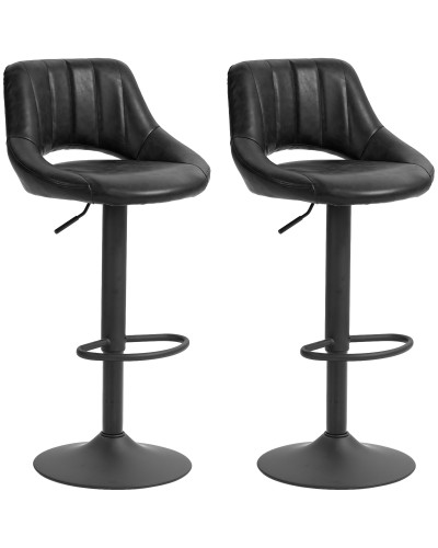 Set of 2 Adjustable Height Bar Stools, Footrest, Swivel Faux Leather Seat, Black