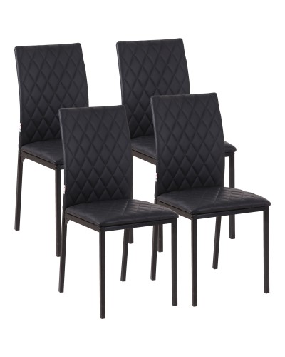  Set 4 Sedie da Pranzo in Finta Pelle con Cuciture a Rombi e Gambe in Metallo, Nero