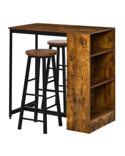  Set Bancone Bar con 2 Sgabelli Alti Stile Industriale con Mensole, Marrone Rustico