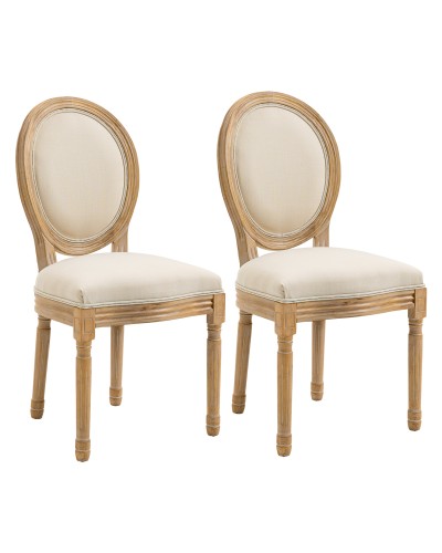 Set of 2 Upholstered Dining Chairs, Vintage Retro Style Living Room Chairs in Wood and Off-White Linen-Look Fabric 49x56x96cm