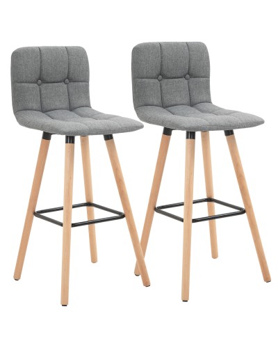  Set 2 Sgabelli da Bar con Schienale e Poggiapiedi, Seduta Imbottita in Tessuto e Gambe in Legno, 41.5x47x97.5, Grigio