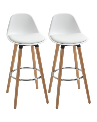 Set of 2 Nordic Style Bar Stools with Backrest, Cushion and Footrest, Wood and Plastic, White