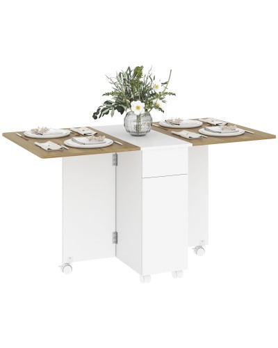 Extendable Rectangular Wooden Table with 2 Drawers and Cabinet, 140x76x74 cm, White and Wood Color