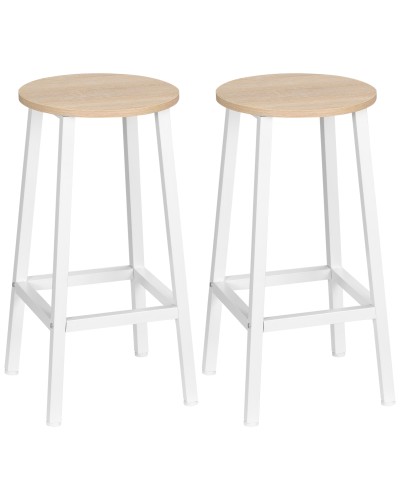  Set 2 Sgabelli da Cucina in Truciolato e Acciaio con Piano Liscio e Poggiapiedi, 32.5x32.5x65 cm, Bianco e Legno