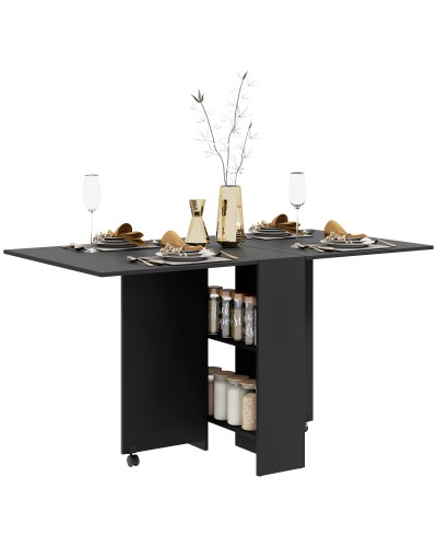  Tavolo Pieghevole in Legno per 4-6 Persone con Ruote, 75x140x74cm, Nero