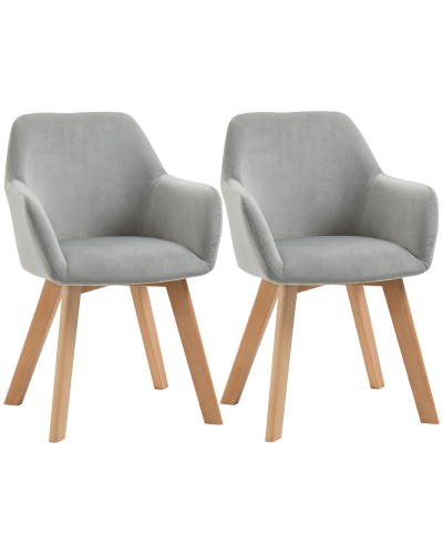 Velvet Upholstered Dining Chairs with Armrests and Wooden Legs, Grey - Set of 2