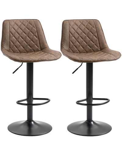 Set of 2 Adjustable Height Swivel Bar Stools, Faux Leather Upholstery, Dark Brown