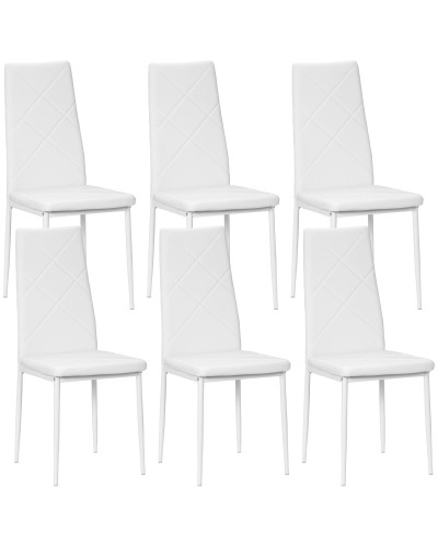  Set di 6 Sedie da Pranzo Moderne con Schienale Alto in Finta Pelle e Acciaio, 41x50x97 cm, Bianco