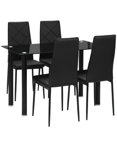 Set Tavolo da Pranzo con 4 Sedie, Piano in Vetro e Sedie Imbottite in Finta Pelle, Nero