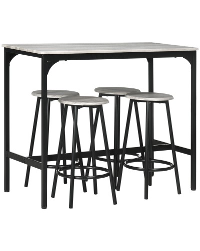  Set da Pranzo 5 Pezzi con Bancone da Bar 110x50x89.5 cm e Sgabelli Ø30x60.5 cm in Legno e Metallo Grigio e Nero