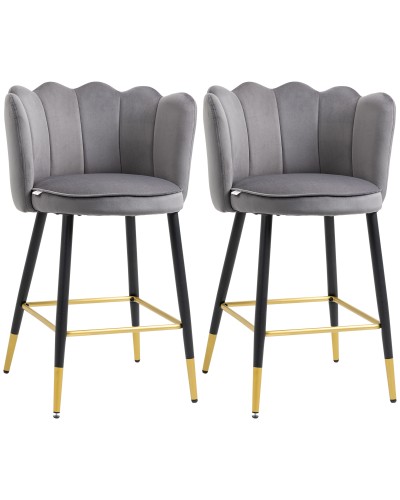  Set da 2 Sgabelli da Bar Vellutati con Poggiapiedi e Base in acciaio, 59x52x90cm, Grigio
